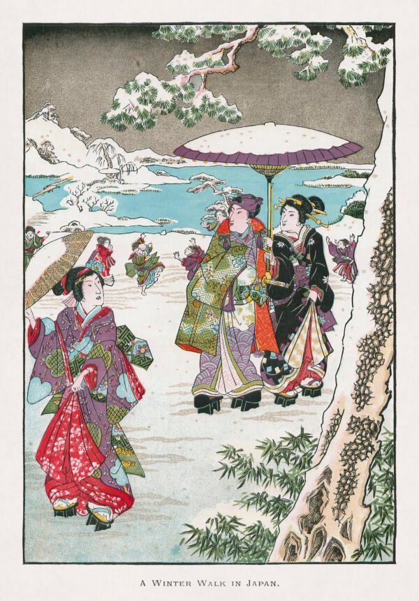 Japanese people strolling through a snowy park