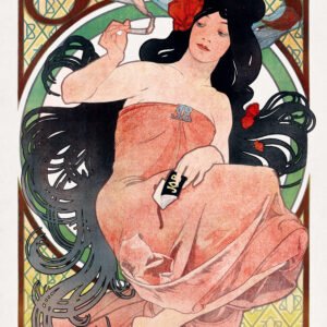 Art Nouveau lithograph of a woman smoking a cigarette