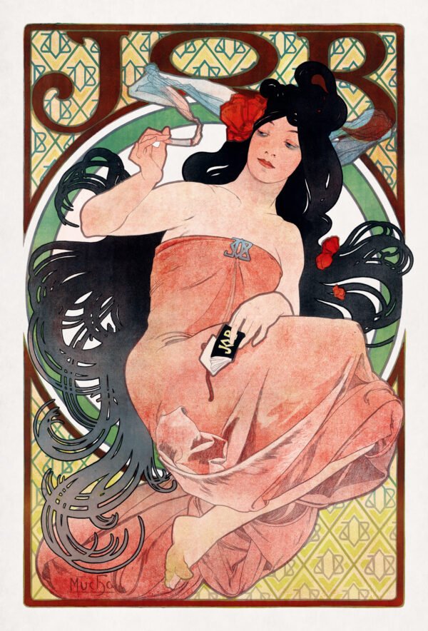 Art Nouveau lithograph of a woman smoking a cigarette
