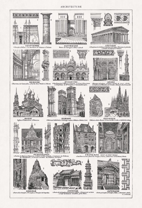 black and white engraving about worldwide ancient architecture
