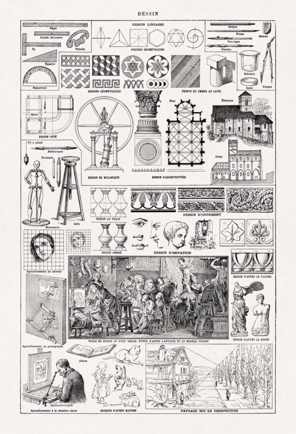 black and white engraving about drawing