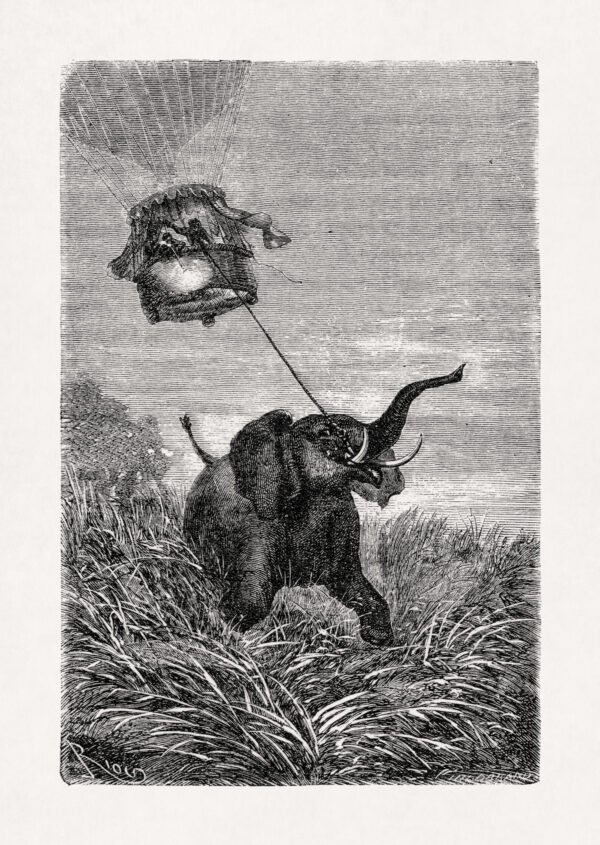 The Victoria towed by an elephant - Five weeks in a balloon