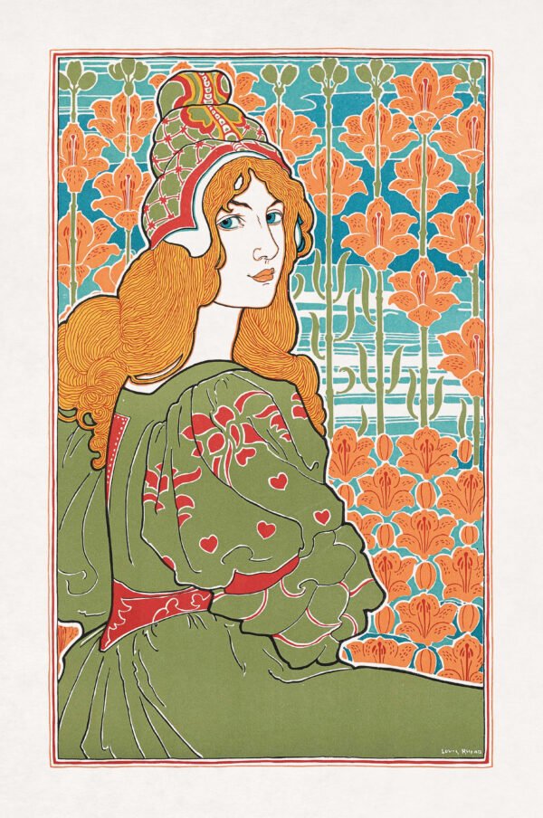 Art Nouveau woman with flowing red hair