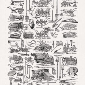 Vintage illustration on agricultural machinery and tools
